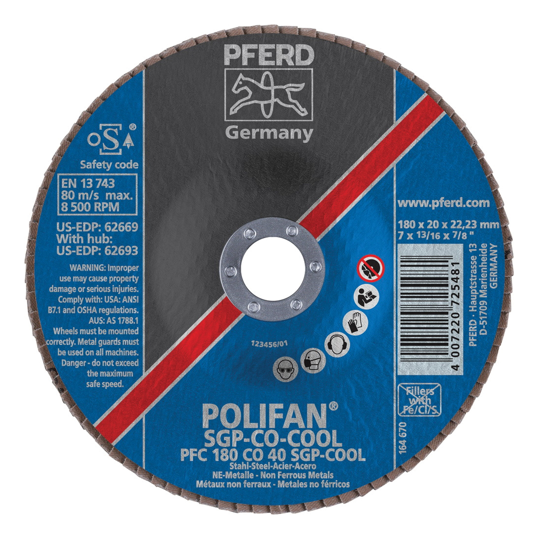 PFERD Polifan® 62669 Special Line SGP CO-COOL Unthreaded Coated Abrasive Flap Disc, 7 in Dia, 7/8 in Center Hole, 40 Grit, Ceramic Oxide Abrasive, Type 29 Conical Disc