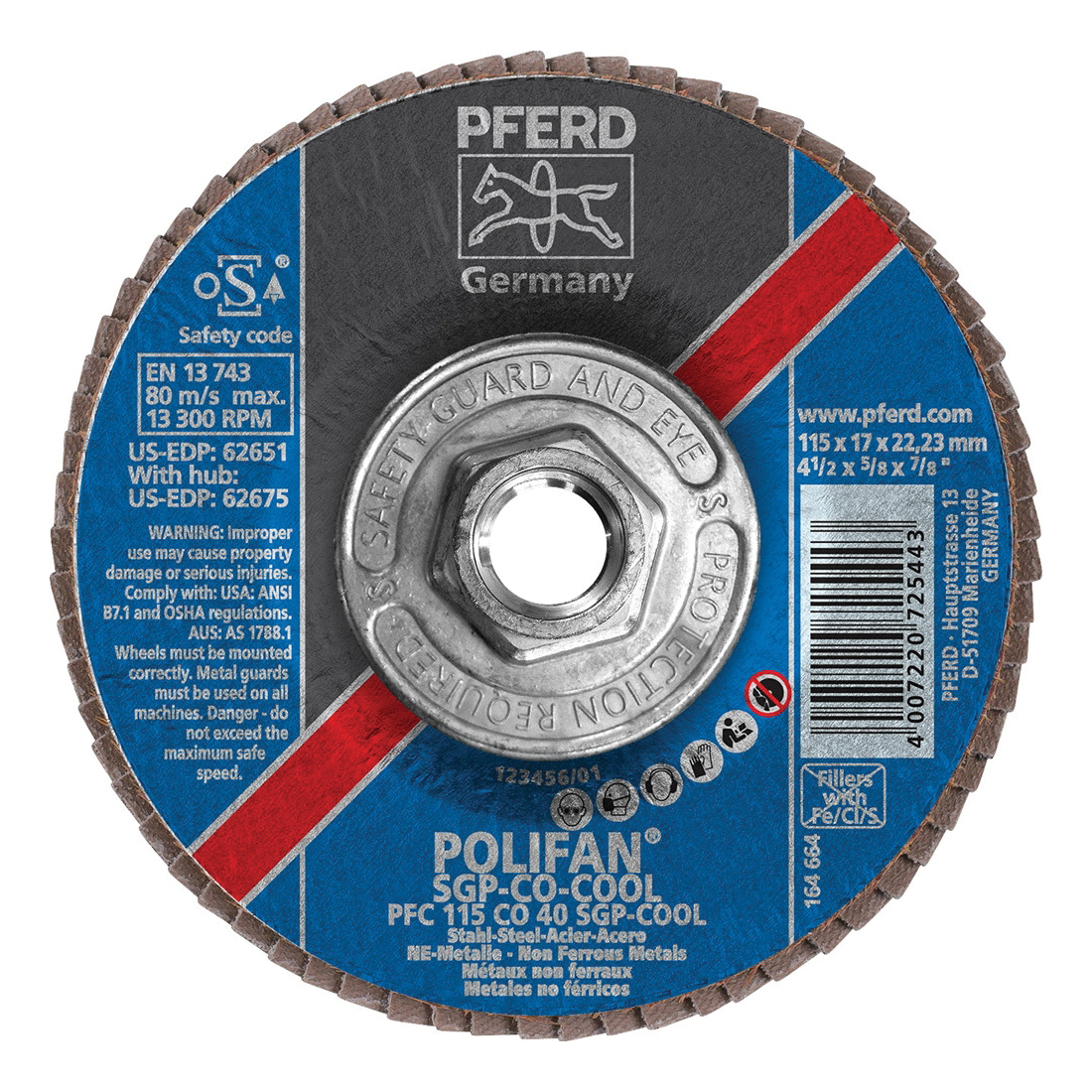 PFERD Polifan® 62675 Special Line SGP CO-COOL Threaded Coated Abrasive Flap Disc, 4-1/2 in Dia, 40 Grit, Ceramic Oxide Abrasive, Type 29 Conical Disc