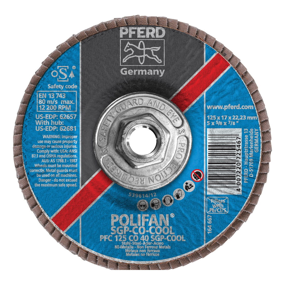 PFERD Polifan® 62681 Special Line SGP CO-COOL Threaded Coated Abrasive Flap Disc, 5 in Dia, 40 Grit, Ceramic Oxide Abrasive, Type 29 Conical Disc