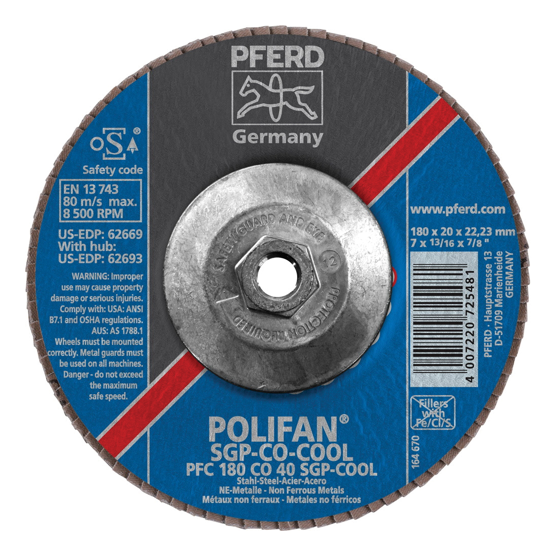 PFERD Polifan® 62693 Special Line SGP CO-COOL Threaded Coated Abrasive Flap Disc, 7 in Dia, 40 Grit, Ceramic Oxide Abrasive, Type 29 Conical Disc