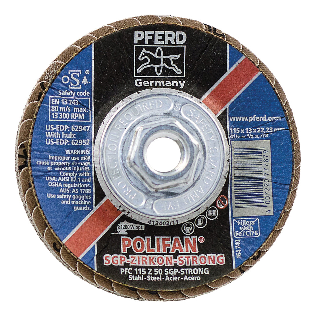 PFERD Polifan® 62952 Special Line SGP Z-STRONG Threaded Coated Abrasive Flap Disc, 4-1/2 in Dia, 50 Grit, Zirconia Alumina Abrasive, Type 29 Conical Disc