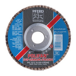 PFERD Polifan® 62955 Special Line SGP Z-STRONG Unthreaded Coated Abrasive Flap Disc, 5 in Dia, 7/8 in Center Hole, 36 Grit, Zirconia Alumina Abrasive, Type 29 Conical Disc
