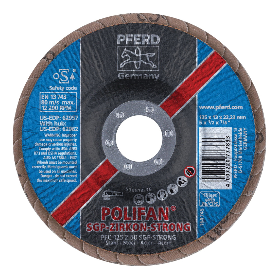PFERD Polifan® 62957 Special Line SGP Z-STRONG Unthreaded Coated Abrasive Flap Disc, 5 in Dia, 7/8 in Center Hole, 50 Grit, Zirconia Alumina Abrasive, Type 29 Conical Disc