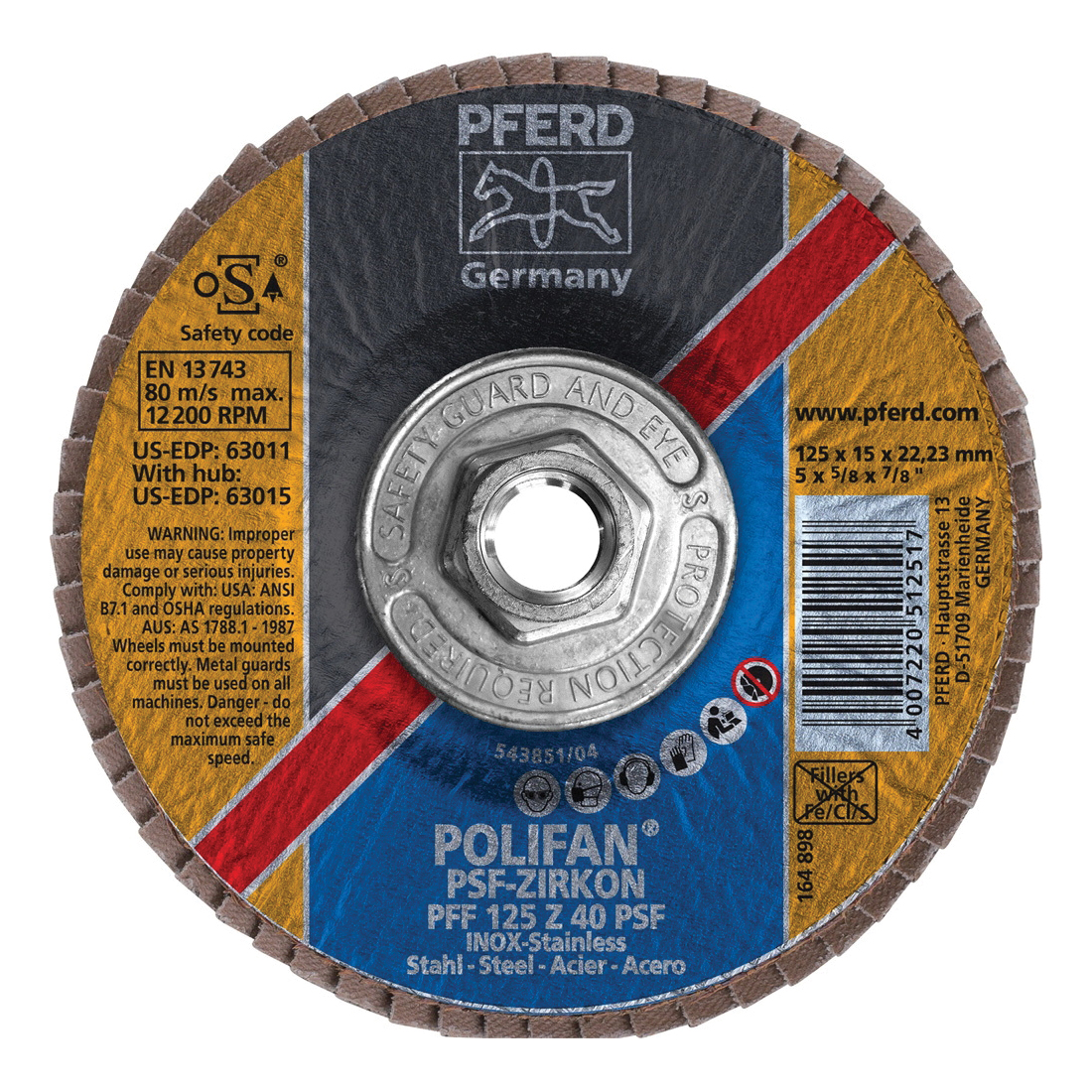 PFERD Polifan® 63015 Universal Line PSF-Z Threaded Coated Abrasive Flap Disc, 5 in Dia, 40 Grit, Zirconia Alumina Abrasive, Type 27 Flat Disc