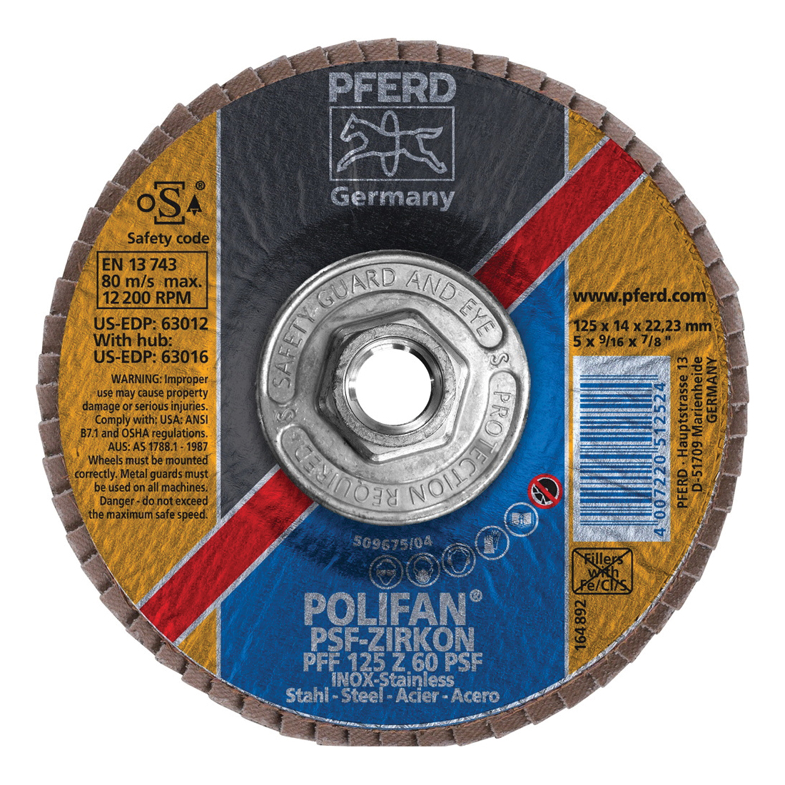 PFERD Polifan® 63016 Universal Line PSF-Z Threaded Coated Abrasive Flap Disc, 5 in Dia, 60 Grit, Zirconia Alumina Abrasive, Type 27 Flat Disc