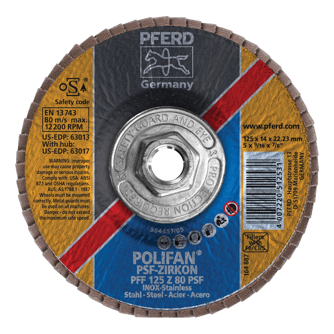 PFERD Polifan® 63017 Universal Line PSF-Z Threaded Coated Abrasive Flap Disc, 5 in Dia, 80 Grit, Zirconia Alumina Abrasive, Type 27 Flat Disc