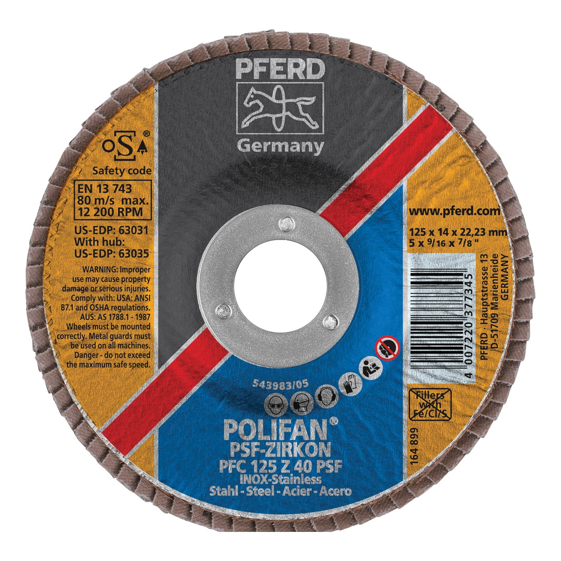 PFERD Polifan® 63031 Universal Line PSF-Z Unthreaded Coated Abrasive Flap Disc, 5 in Dia, 7/8 in Center Hole, 40 Grit, Zirconia Alumina Abrasive, Type 29 Conical Disc