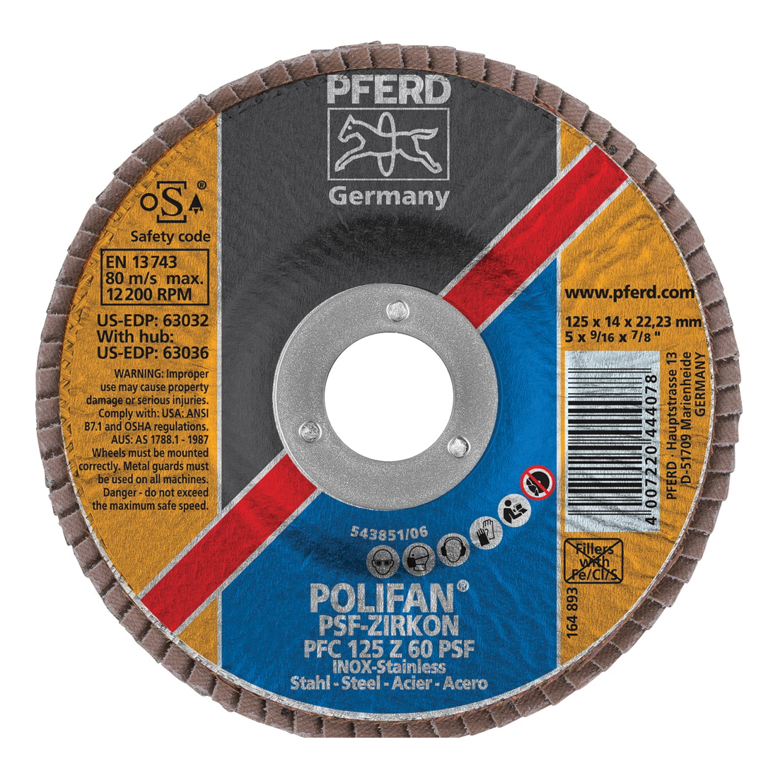 PFERD Polifan® 63032 Universal Line PSF-Z Unthreaded Coated Abrasive Flap Disc, 5 in Dia, 7/8 in Center Hole, 60 Grit, Zirconia Alumina Abrasive, Type 29 Conical Disc