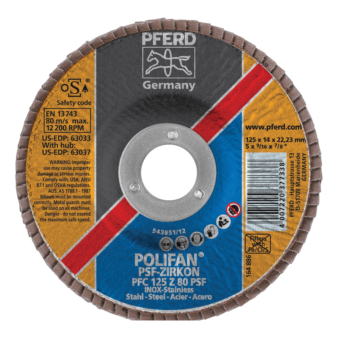 PFERD Polifan® 63033 Universal Line PSF-Z Unthreaded Coated Abrasive Flap Disc, 5 in Dia, 7/8 in Center Hole, 80 Grit, Zirconia Alumina Abrasive, Type 29 Conical Disc