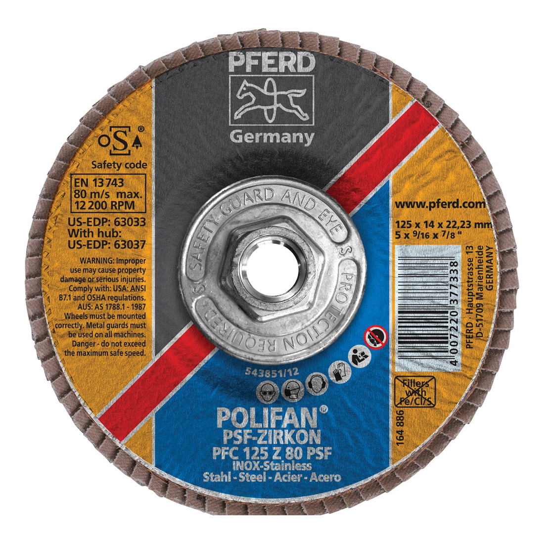 PFERD Polifan® 63037 Universal Line PSF-Z Threaded Coated Abrasive Flap Disc, 5 in Dia, 80 Grit, Zirconia Alumina Abrasive, Type 29 Conical Disc