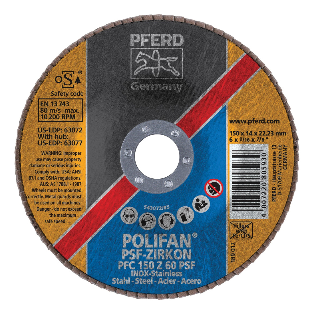 PFERD Polifan® 63072 Universal Line PSF-Z Unthreaded Coated Abrasive Flap Disc, 6 in Dia, 7/8 in Center Hole, 60 Grit, Zirconia Alumina Abrasive, Type 29 Conical Disc