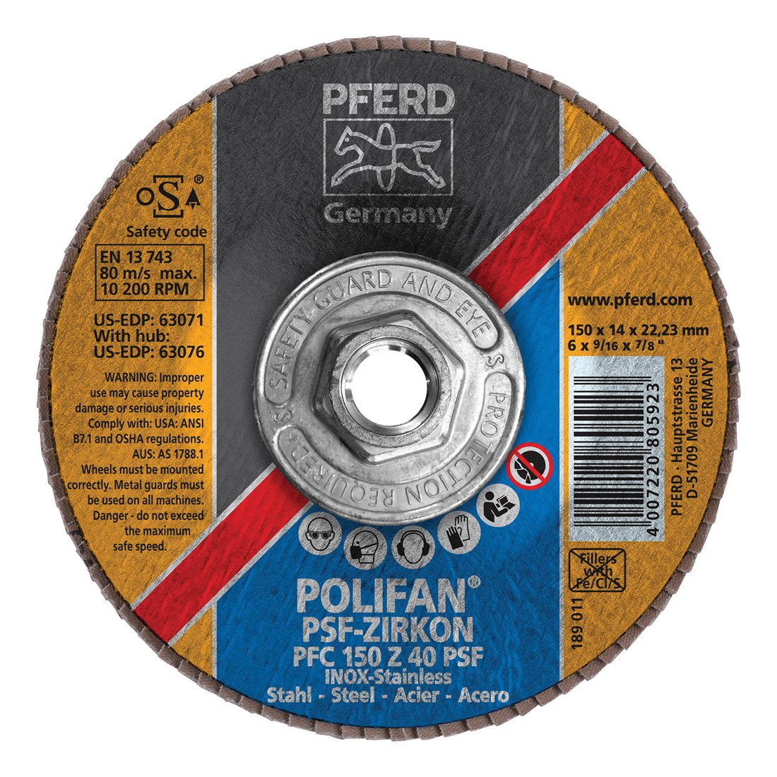 PFERD Polifan® 63076 Universal Line PSF-Z Threaded Coated Abrasive Flap Disc, 6 in Dia, 40 Grit, Zirconia Alumina Abrasive, Type 29 Conical Disc