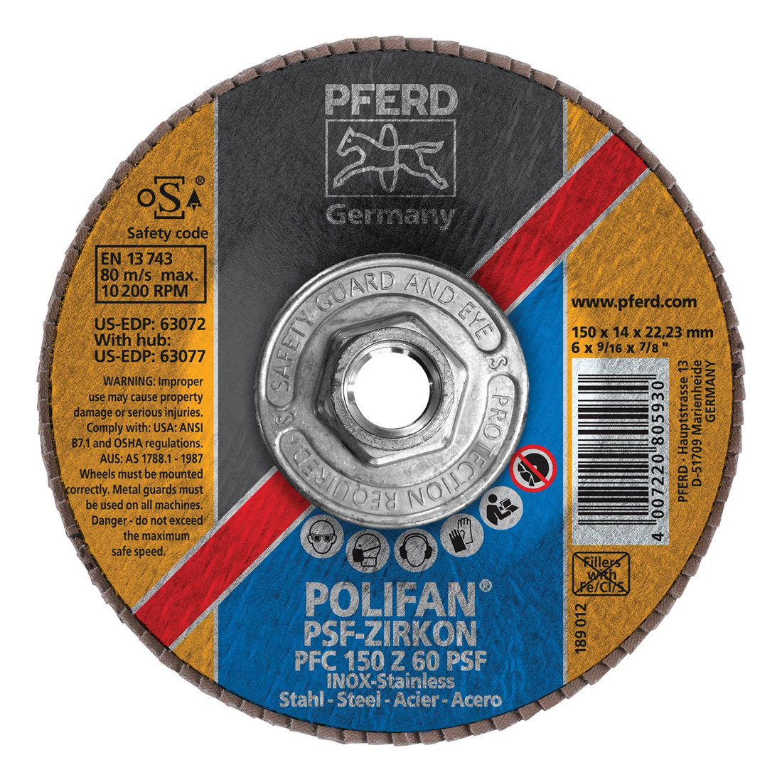 PFERD Polifan® 63077 Universal Line PSF-Z Threaded Coated Abrasive Flap Disc, 6 in Dia, 60 Grit, Zirconia Alumina Abrasive, Type 29 Conical Disc