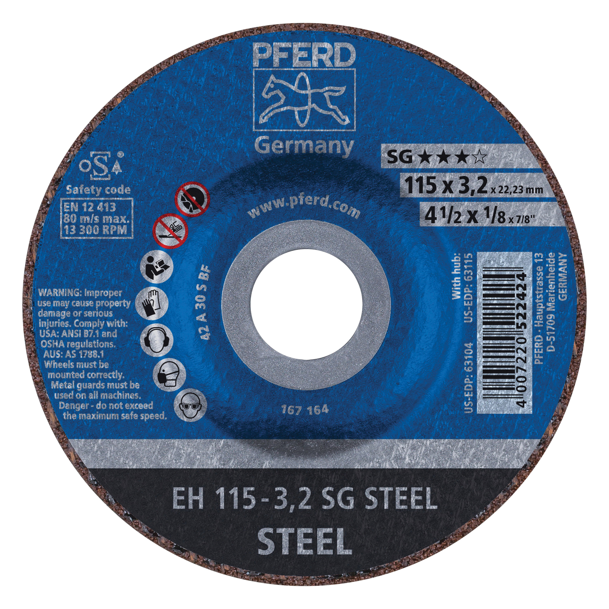 PFERD 63104 Performance Line SG Depressed Center Wheel, 4-1/2 in Dia x 1/8 in THK, 7/8 in Center Hole, 46 Grit, Aluminum Oxide Abrasive