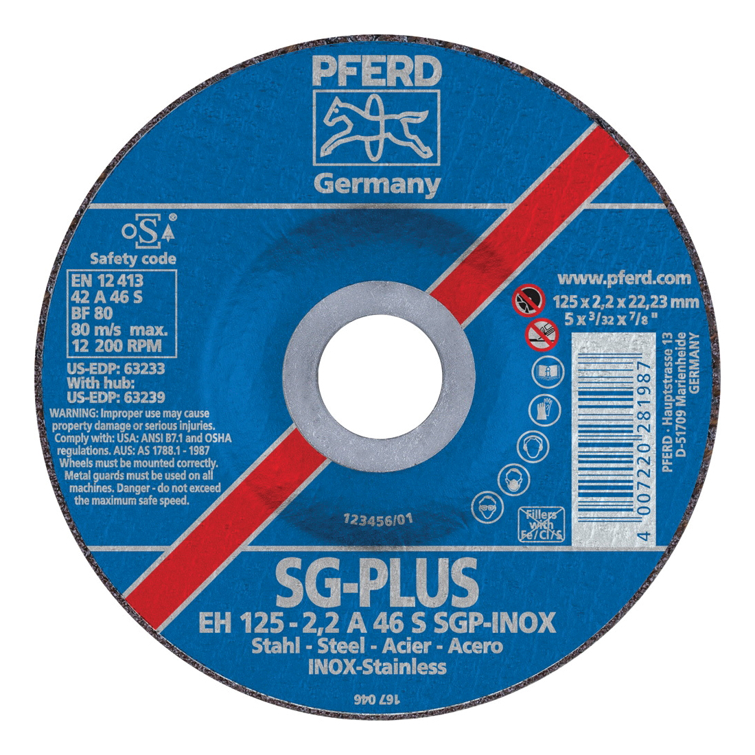 PFERD Special Line SG-PLUS 63233 Depressed Center Wheel, 5 in Dia x 3/32 in THK, 7/8 in Center Hole, 46 Grit, Aluminum Oxide Abrasive