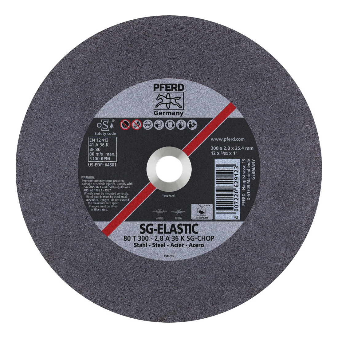 PFERD 64501 Performance Line SG-ELASTIC Flat Cut-Off Wheel, 12 in Dia x 3/32 in THK, 1 in Center Hole, 36 Grit, Aluminum Oxide Abrasive