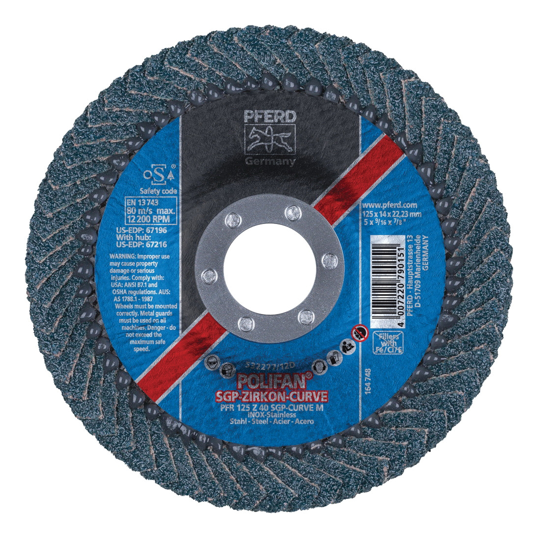 PFERD Polifan® 67196 Special Line SGP Z-CURVE Unthreaded Coated Abrasive Flap Disc, 5 in Dia, 7/8 in Center Hole, 40 Grit, Zirconia Alumina Abrasive, Type PFR/Radial Disc