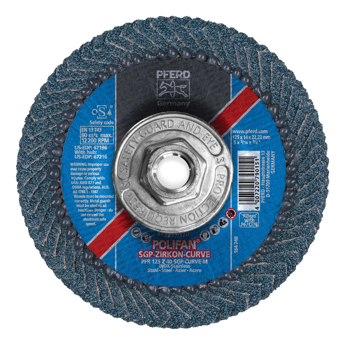 PFERD Polifan® 67216 Special Line SGP Z-CURVE Threaded Coated Abrasive Flap Disc, 5 in Dia, 40 Grit, Zirconia Alumina Abrasive, Type PFR/Radial Disc