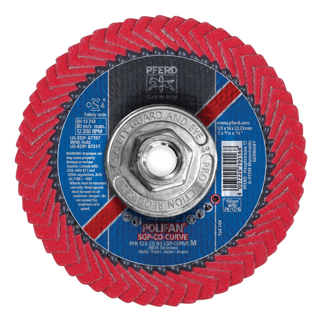 PFERD Polifan® 67217 Special Line SGP CO-CURVE Threaded Coated Abrasive Flap Disc, 5 in Dia, 60 Grit, Ceramic Oxide Abrasive, Type PFR/Radial Disc