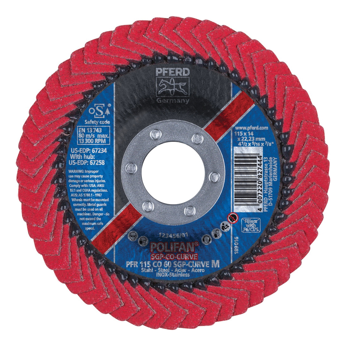 PFERD Polifan® 67234 Special Line SGP CO-CURVE Unthreaded Coated Abrasive Flap Disc, 4-1/2 in Dia, 7/8 in Center Hole, 60 Grit, Ceramic Oxide Abrasive, Type PFR/Radial Disc