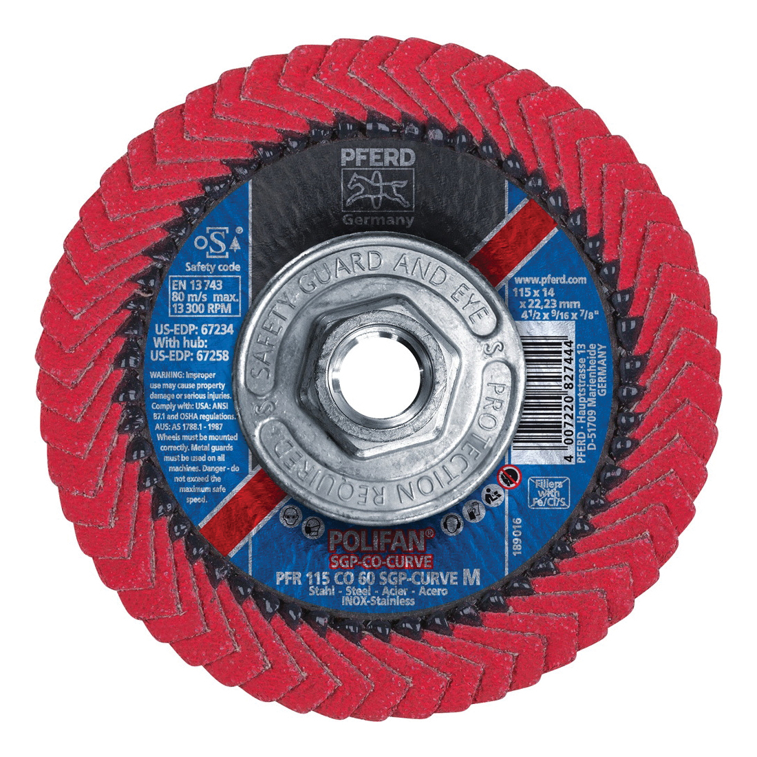 PFERD Polifan® 67258 Special Line SGP CO-CURVE Threaded Coated Abrasive Flap Disc, 4-1/2 in Dia, 60 Grit, Ceramic Oxide Abrasive, Type PFR/Radial Disc