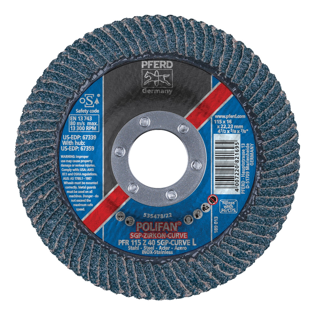 PFERD Polifan® 67339 Special Line SGP Z-CURVE Unthreaded Coated Abrasive Flap Disc, 4-1/2 in Dia, 7/8 in Center Hole, 40 Grit, Zirconia Alumina Abrasive, Type PFR/Radial Disc