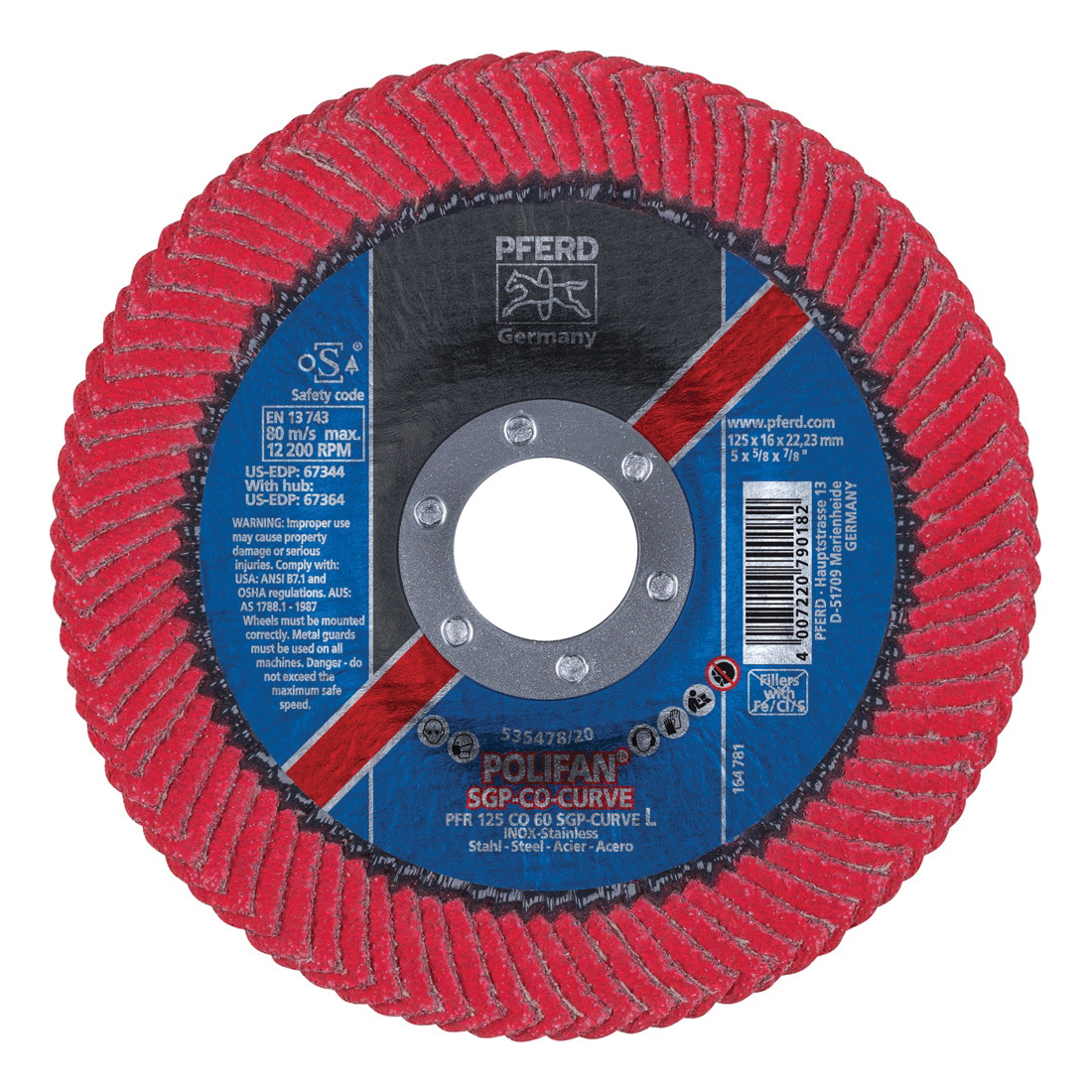 PFERD Polifan® 67344 Special Line SGP CO-CURVE Unthreaded Coated Abrasive Flap Disc, 5 in Dia, 7/8 in Center Hole, 60 Grit, Ceramic Oxide Abrasive, Type PFR/Radial Disc