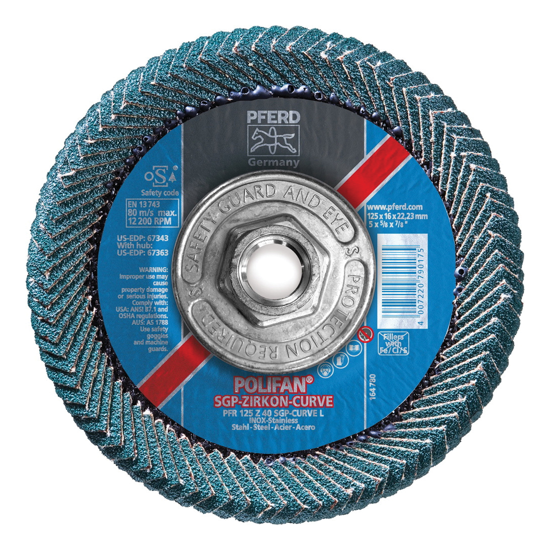 PFERD Polifan® 67363 Special Line SGP Z-CURVE Threaded Coated Abrasive Flap Disc, 5 in Dia, 40 Grit, Zirconia Alumina Abrasive, Type PFR/Radial Disc