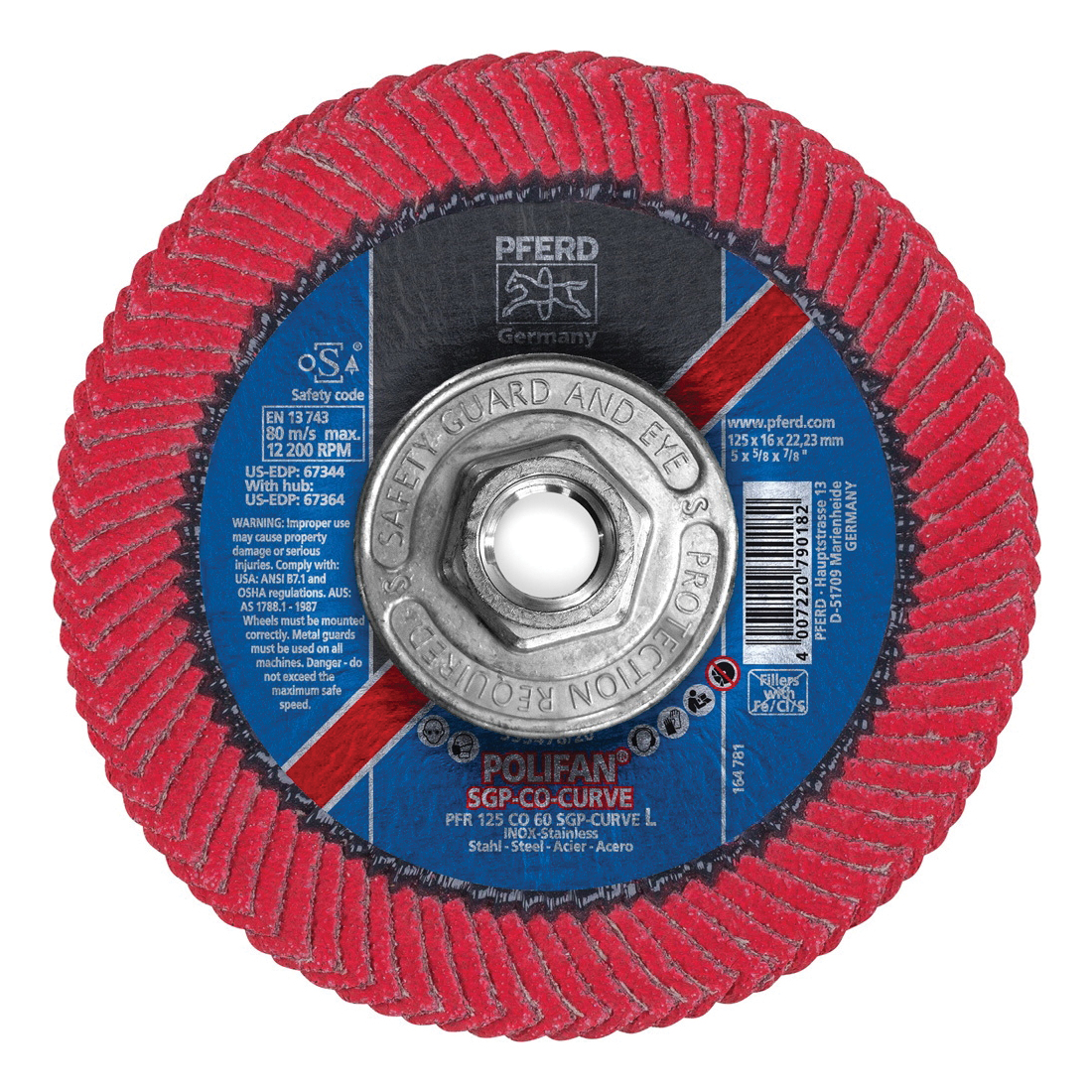 PFERD Polifan® 67364 Special Line SGP CO-CURVE Threaded Coated Abrasive Flap Disc, 5 in Dia, 60 Grit, Ceramic Oxide Abrasive, Type PFR/Radial Disc
