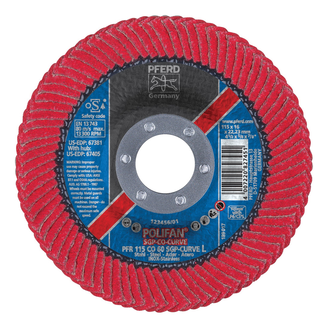 PFERD Polifan® 67381 Special Line SGP CO-CURVE Unthreaded Coated Abrasive Flap Disc, 4-1/2 in Dia, 7/8 in Center Hole, 60 Grit, Ceramic Oxide Abrasive, Type PFR/Radial Disc