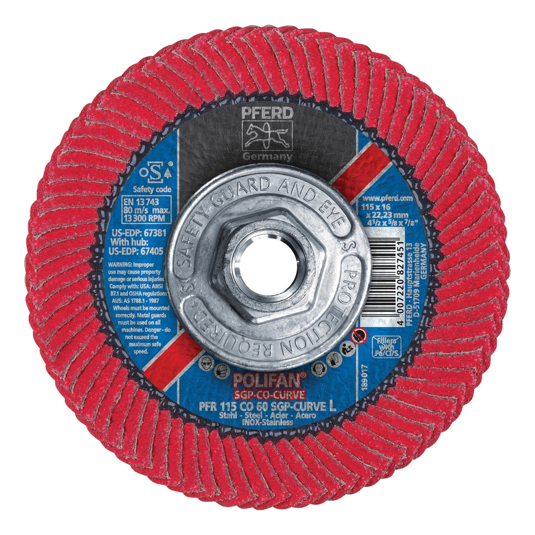 PFERD Polifan® 67405 Special Line SGP CO-CURVE Threaded Coated Abrasive Flap Disc, 4-1/2 in Dia, 60 Grit, Ceramic Oxide Abrasive, Type PFR/Radial Disc
