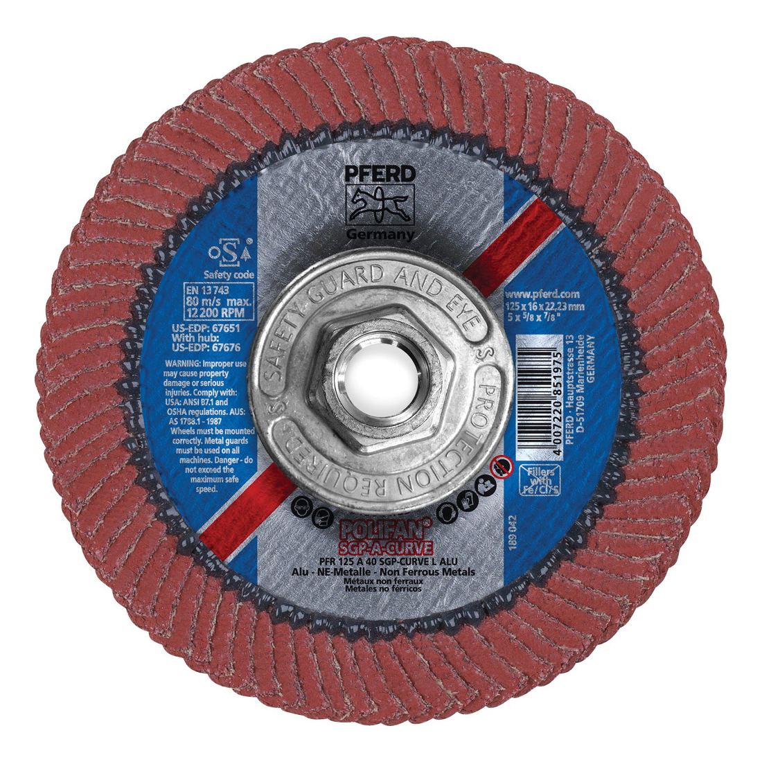 PFERD Polifan® 67676 Special Line SGP-PLUS CURVE-ALU Threaded Coated Abrasive Flap Disc, 5 in Dia, 40 Grit, Topsized Aluminum Oxide Abrasive, Type PFR/Radial Disc