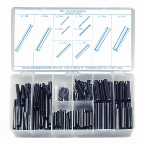 Precision Brand® 12925 Roll Pin Assortment, 300 Pieces, Spring Steel, Plain