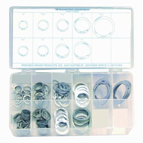 Precision Brand® 12935 Retaining Ring Assortment, 1/2 to 1-1/4 in, 140 Pieces, Spring Steel, Zinc Plated