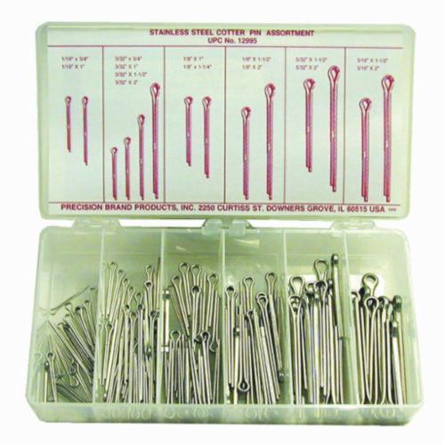 Precision Brand® 12995 Cotter Pin Assortment, 124 Pieces, Stainless Steel, Plain
