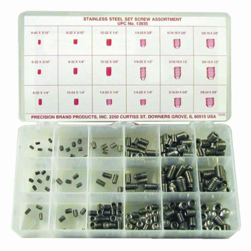 Precision Brand® 13935 Set Screw Assortment With Hexagon Recessed Head, Stainless Steel, 220 Pieces