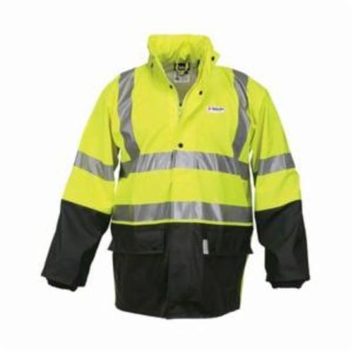 MCR Safety 5182SL Luminator™ 5182S 2-Piece Rainwear suit, L, Black/Fluorescent Lime/Silver, Knitted Cotton Polyester Blend/Polyurethane, 48 in Waist, 32 in L Inseam, Attached Hood