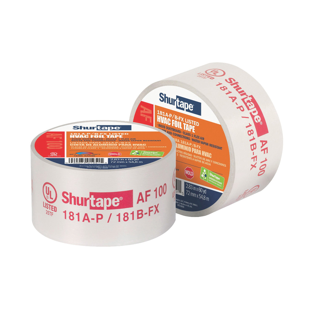 Shurtape® 155206 AF 100 HVAC Grade Printed Foil Tape, 60 yd L x 2-1/2 in W, 6.8 mil with Liner/4.2 mil without Liner THK, Acrylic Adhesive, Dead-Soft Aluminum Foil Backing, Silver