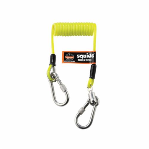 Ergodyne® Squids® 19130 3130S Standard Coiled Cable Lanyard, 2 lb Load Capcity, 6-1/2 in Coiled/48 in Extended, Stainless Steel Hardware, 1 Leg, Carabineer Anchorage Connection, Polyurethane, Lime