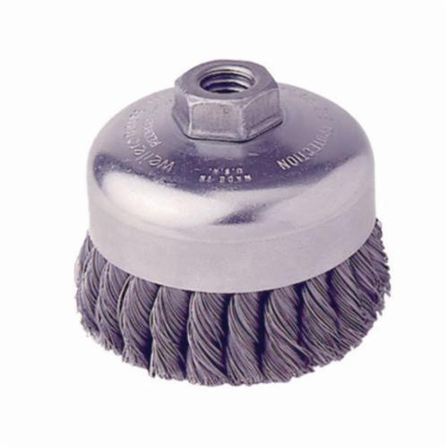 Weiler® 12316 Single Row Cup Brush, 4 in Dia Brush, 5/8-11 UNC Arbor Hole, 0.023 in Dia Filament/Wire, Standard/Twist Knot, Steel Fill
