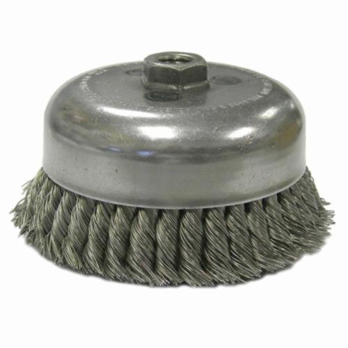 Weiler® 12536 Double Row Heavy Duty Cup Brush, 6 in Dia Brush, 5/8-11 UNC Arbor Hole, 0.014 in Dia Filament/Wire, Standard/Twist Knot, Steel Fill