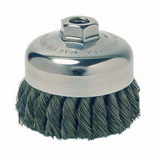 Weiler® 12736 Heavy Duty Single Row Cup Brush, 3-1/2 in Dia Brush, 5/8-11 UNC Arbor Hole, 0.014 in Dia Filament/Wire, Standard/Twist Knot, Steel Fill