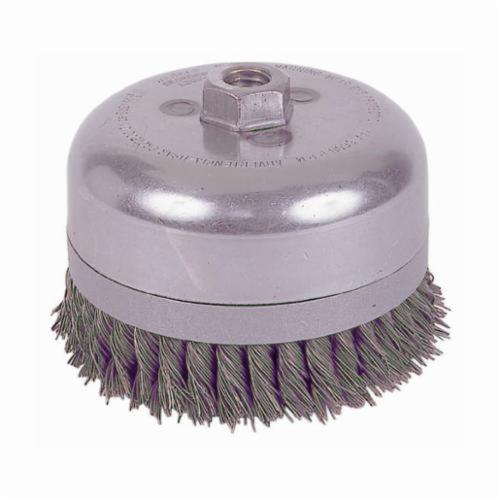Weiler® 12796 Double Row Cup Brush, 4 in Dia Brush, 5/8-11 UNC Arbor Hole, 0.02 in Dia Filament/Wire, Standard/Twist Knot, Steel Fill
