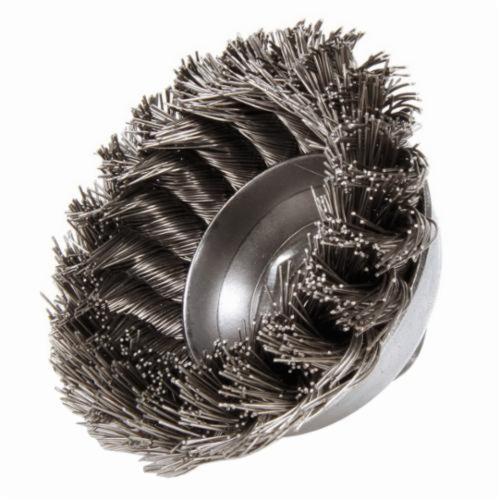 Mighty-Mite™ 13163 Single Row Cup Brush, 3-1/2 in Dia Brush, 5/8-11 UNC Arbor Hole, 0.023 in Dia Filament/Wire, Standard/Twist Knot, Stainless Steel Fill