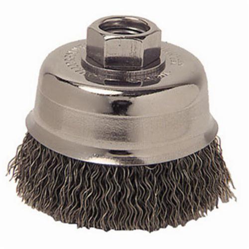 Mighty-Mite™ 13245 Cup Brush, 3 in Dia Brush, 5/8-11 UNC Arbor Hole, 0.014 in Dia Filament/Wire, Crimped, Steel Fill