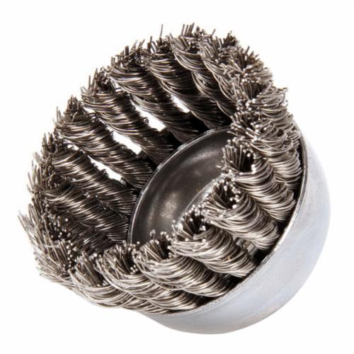 Mighty-Mite™ 13258 Single Row Cup Brush, 2-3/4 in Dia Brush, 5/8-11 UNC Arbor Hole, 0.02 in Dia Filament/Wire, Standard/Twist Knot, Stainless Steel Fill