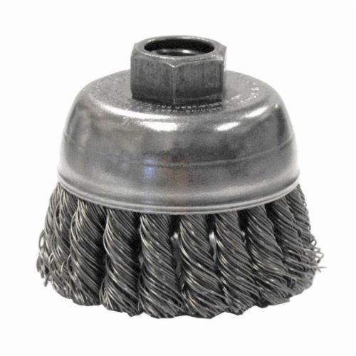 Mighty-Mite™ 13281 Single Row Cup Brush, 2-3/4 in Dia Brush, M10x1.25 Arbor Hole, 0.02 in Dia Filament/Wire, Standard/Twist Knot, Steel Fill