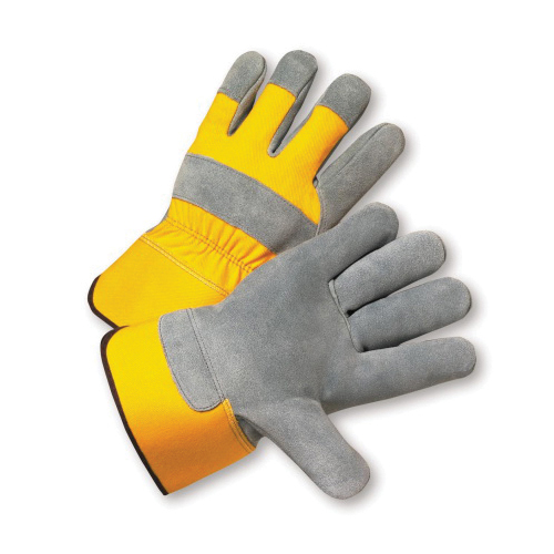 PIP® 500Y Unisex General Purpose Gloves, Leather Palm/Work, Split Cowhide Leather Palm, Canvas/Split Cowhide Leather, Gray/Yellow, Rubberized Safety Cuff, Uncoated Coating, Cotton Lining, Gunn Cut/Wing Thumb