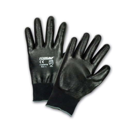 PIP® PosiGrip™ 715SNFFB Unisex General Purpose Gloves, Coated/Work, Nitrile Palm, Nylon, Black, Rib Knit Wrist Cuff, Nitrile Coating, Resists: Abrasion, Full Finger/Wing Thumb