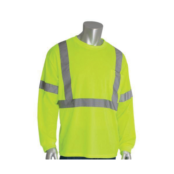 PIP® 313-1300-LY Long Sleeve Crew Neck T-Shirt, Hi-Viz Lime Yellow, Bird's Eye Polyester